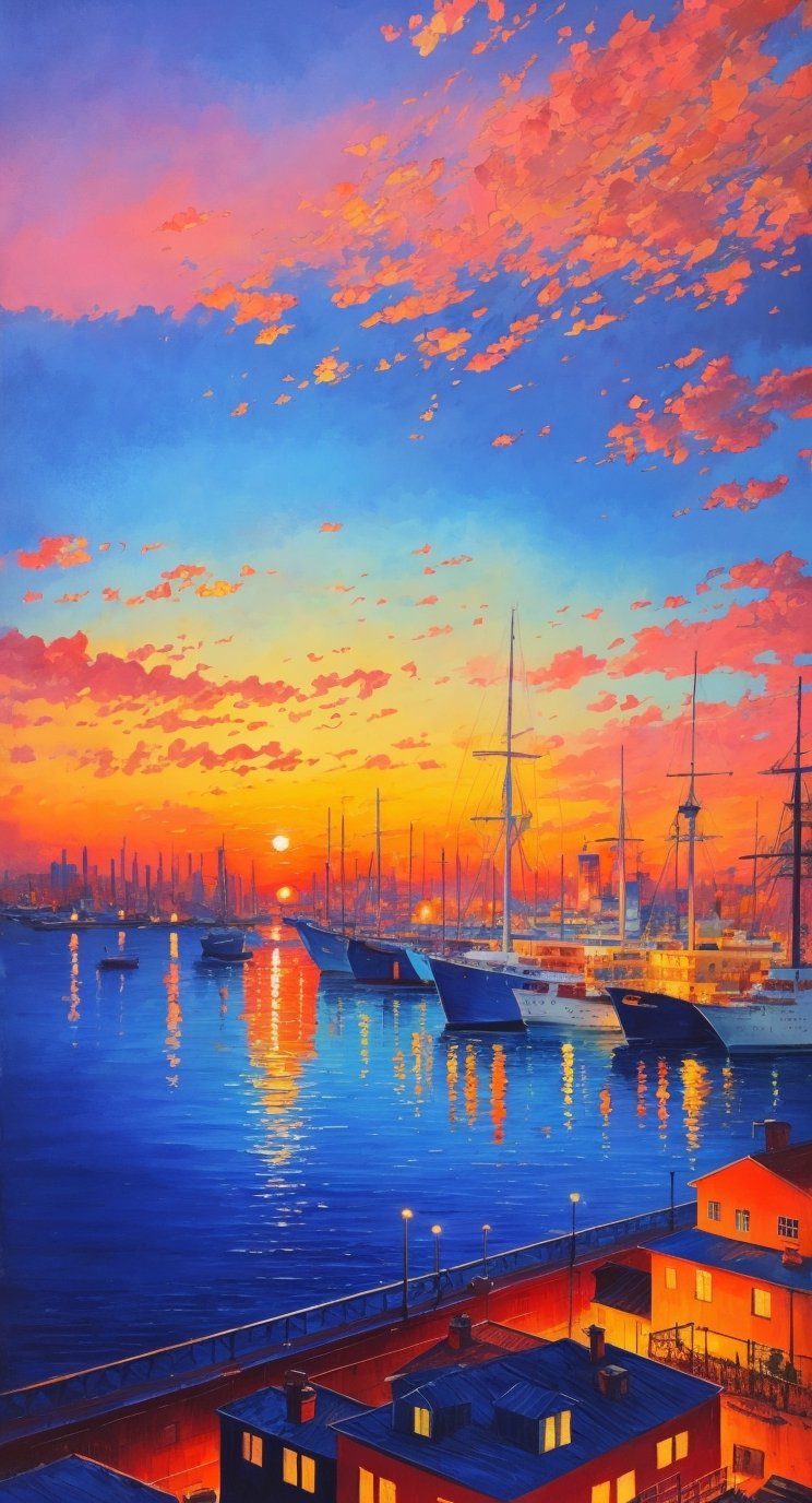 Port city view from the sea, sunset, sketch, work of art, wonderful color palette, intricate details, artistic oil painting, oil paint,