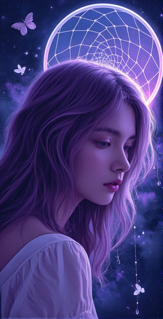 Dreamcatcher is a vivid and vivid neo-pop illustration, nightcore, trompe l'oeil fantasy details, detailed touches and pencil drawings, portrait style of a girl in deep thought. Gradients of purple and blue, dreamy world,