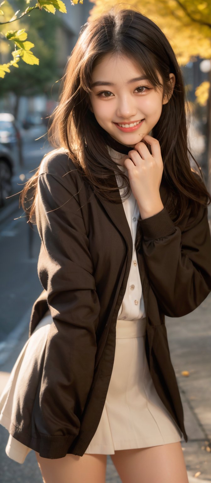 Woman 1, ultra high definition, windblown hair, brown eyes, brown wavy hair, delicate facial features, smile, {{{masterpiece}}}, {{highest quality}},((frontal photo)), high resolution, high definition, Girl in a natural pose in everyday life 1, very realistic, best coordination, semi-transparent blouse with autumn-colored collar, jacket, design, skirt, (cute smiling face covering her mouth with her right palm),