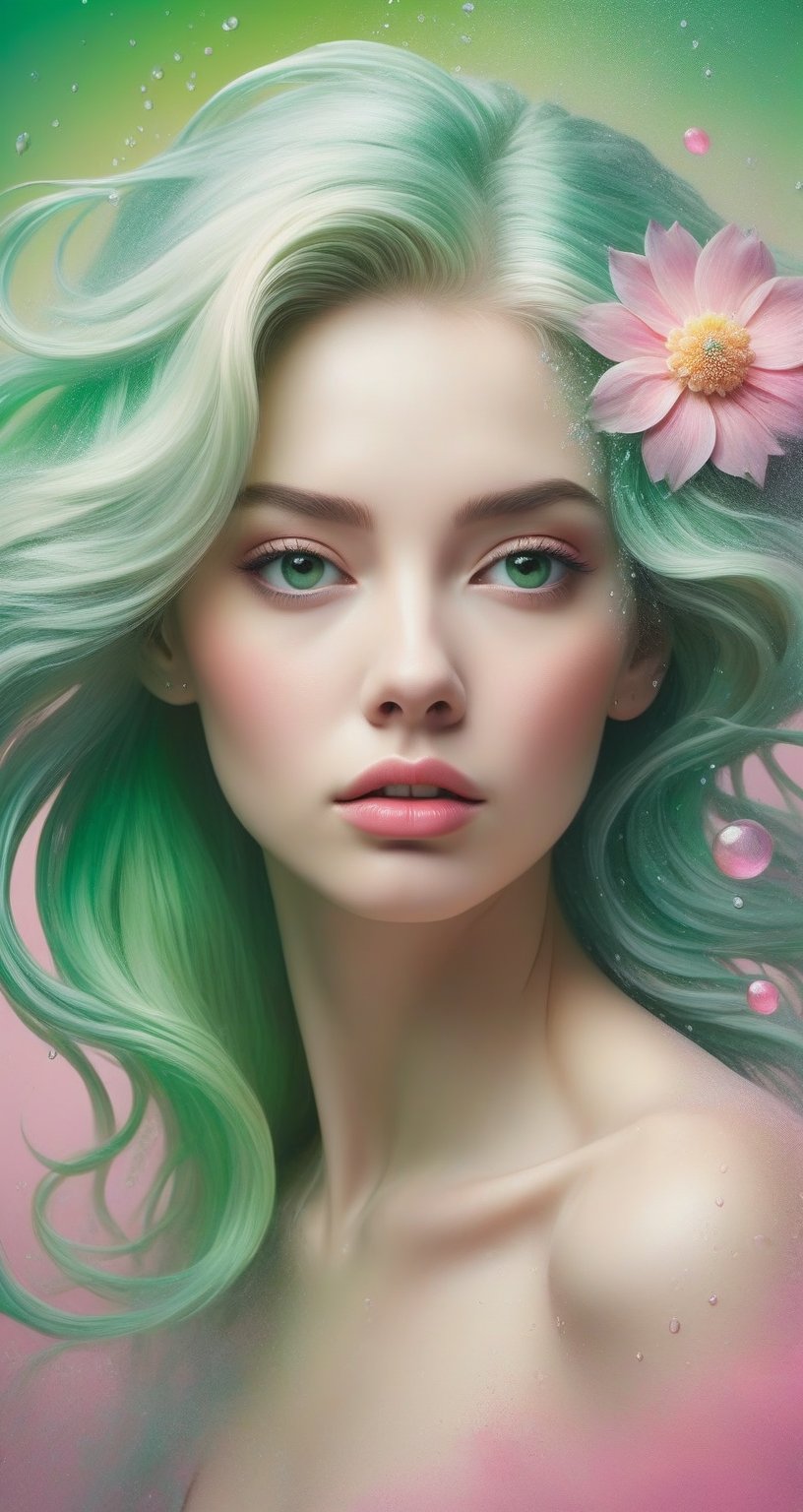 Painted in gorgeous colors, the blonde woman's hair becomes silvery and falls away from her head, and the large and small drops create a large circle. There is a small flower on her head. The abstract pink background and fantastic green color gradient add a sense of mystery, and the heavy, unstructured, thick brushstrokes beautifully express the woman's portrait.