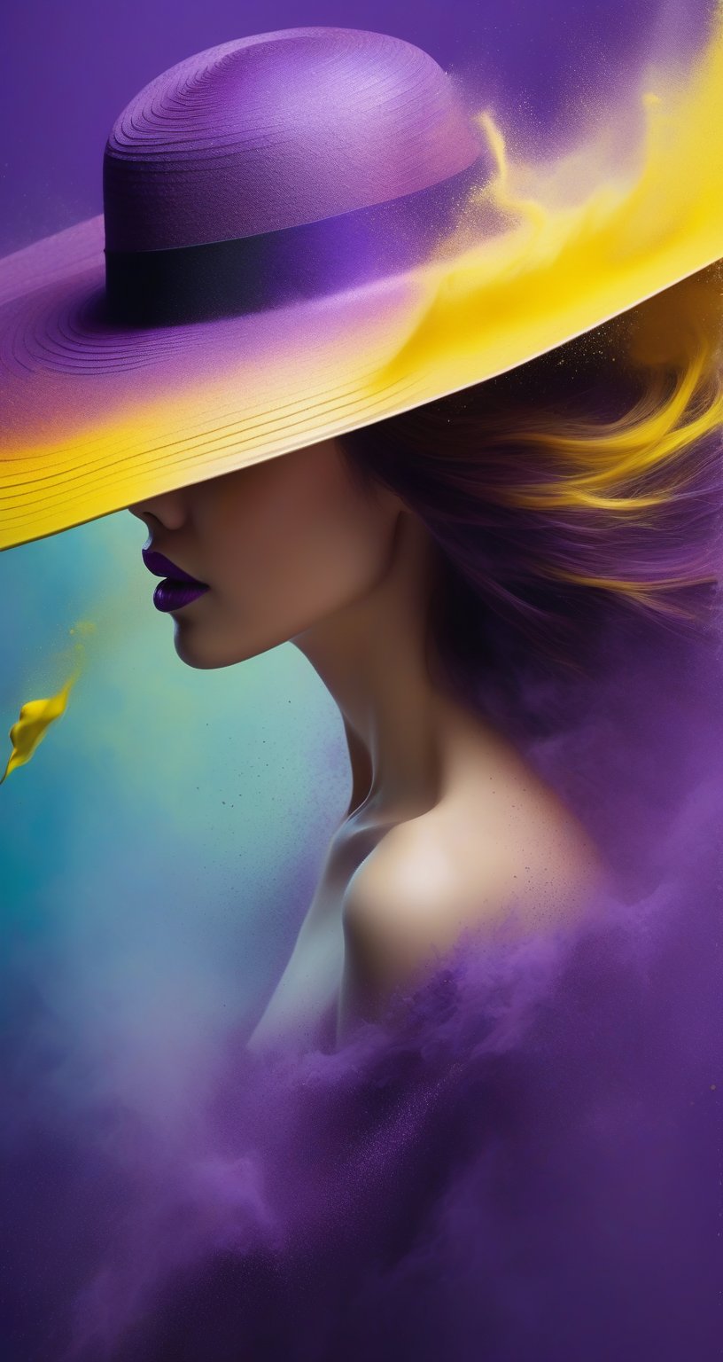 A woman wearing a wide-brimmed hat, gorgeous colors, the woman's hair breaks into small pieces and turns into powder as it moves away from her head, the abstract purple background and fantastic yellow gradient add to the mysteriousness, the heavy and uncut thick brush strokes beautifully express the portrait of a woman,