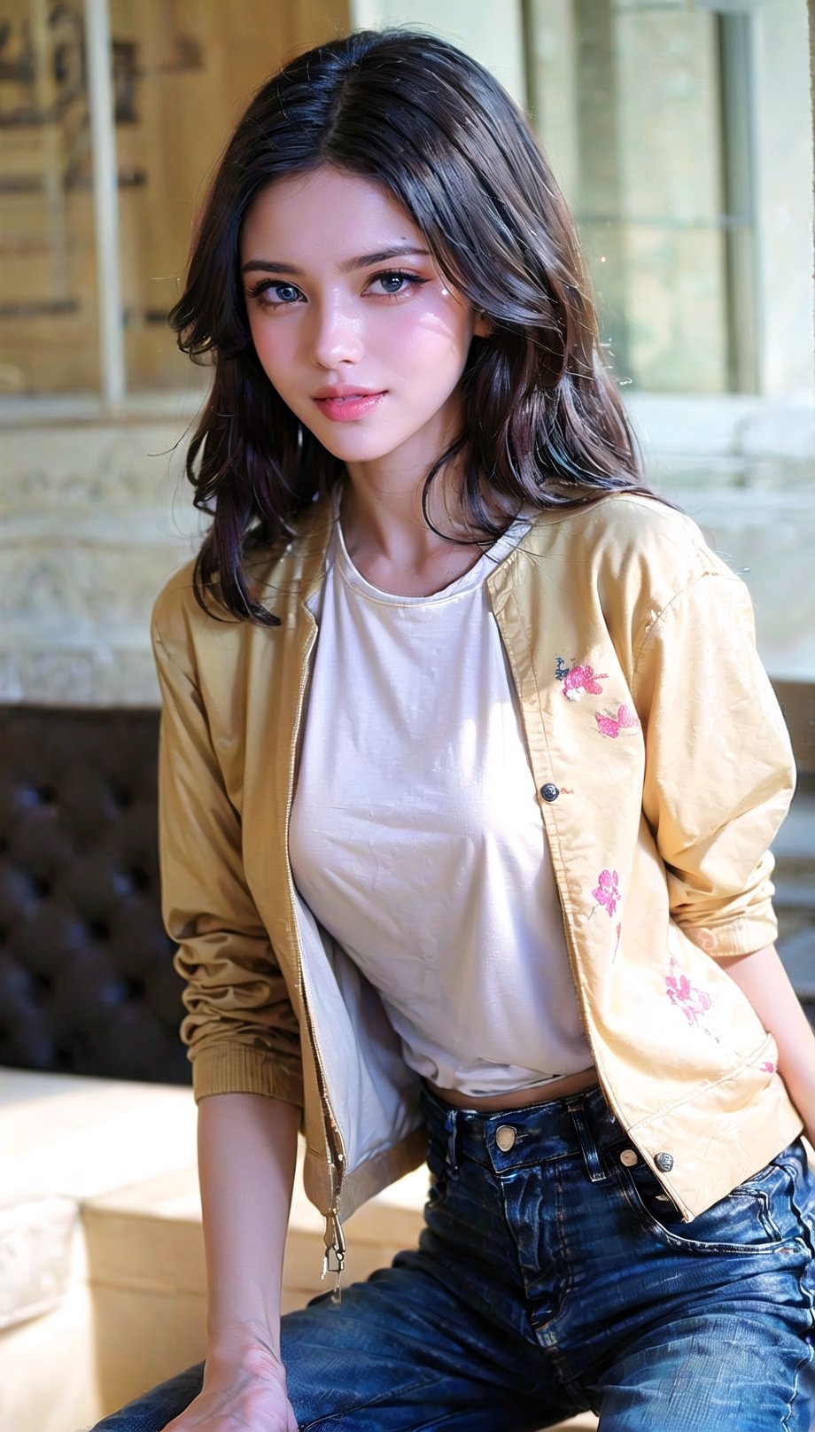 (((masterpiece))), top quality, (beautiful and delicate girl), beautiful and delicate light, (beautiful and delicate eyes), mysterious smile, (brown eyes), (dark black long hair), medium breasts, female 1 , frontal shot , Korean, soft look, tall, jacket, patterned t-shirt, jeans, sneakers,#oral sex