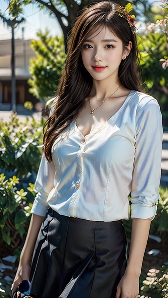 Beautiful and delicate light, (beautiful and delicate eyes), pale skin, big smile, (brown eyes), (black long hair), dreamy, medium chest, woman 1, (front shot), Korean girl, bangs, soft expression, height 170, elegance, bright smile, 8k art photo, realistic concept art, realistic, portrait, necklace, small earrings, handbag, fantasy, jewelry, shyness, short jacket, skirt, (red ribbon tie long-sleeved blouse),alluring_lolita_girl,colorful_girl_v2