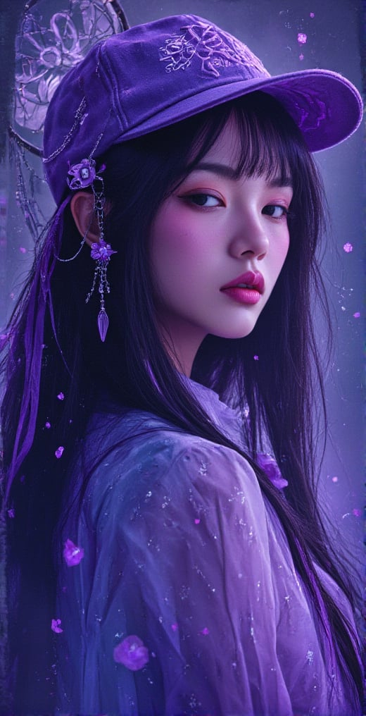 Dreamcatcher is a vivid and vivid neo-pop illustration, nightcore, fantasy details, detailed brush strokes and oil painting, portrait style of a girl in deep thought. Gradients of purple and blue, dreamy world,