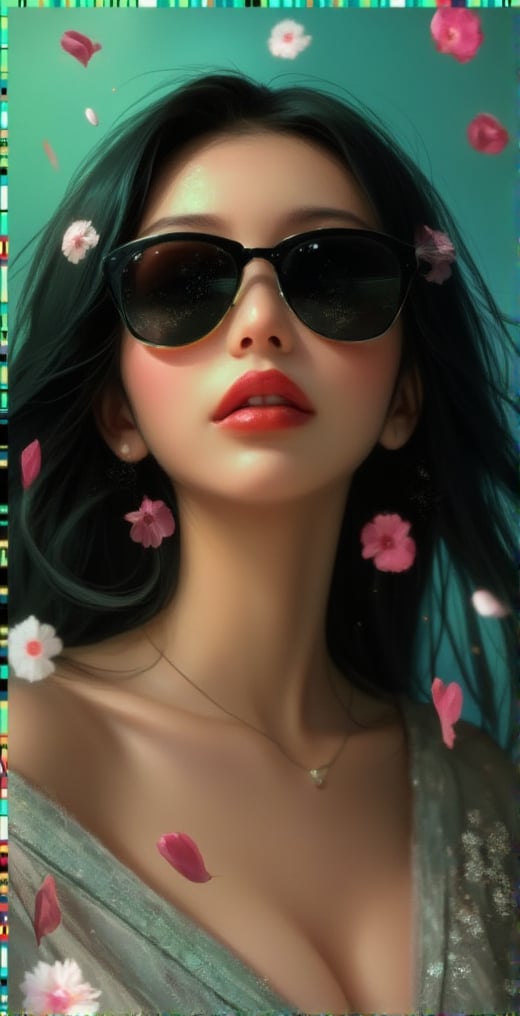 A vivid and lifelike portrait of a woman. She is wearing black sunglasses that cover her eyes, and her lips are sexy with red lipstick. She has black hair, the background is covered with green and blue gradients, and cosmos flowers and petals are floating in the air, and the whole work has a beautiful three-dimensional feeling.