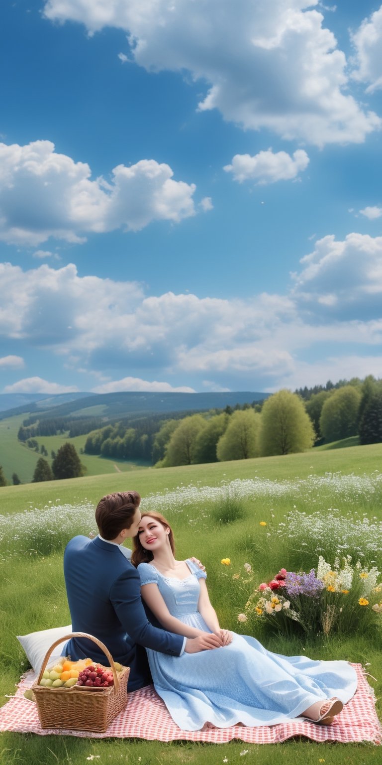 (Masterpiece), highest quality, 8k, HD, fantasy, wide meadow, picnic, mat, basket for food, 1 man, 1 woman, a woman in a dress is sitting with both feet on the mat, a man with his knees bent on the woman Lying down looking at the sky, lovers, picnic, flowers, sky, clouds,