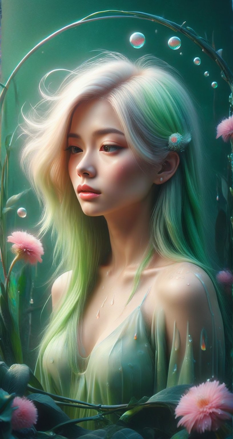 Painted in gorgeous colors, the blonde woman's hair becomes silvery and falls away from her head, and the large and small drops create a large circle. There is a small flower on her head. The abstract pink background and fantastic green color gradient add a sense of mystery, and the heavy, unstructured, thick brushstrokes beautifully express the woman's portrait.