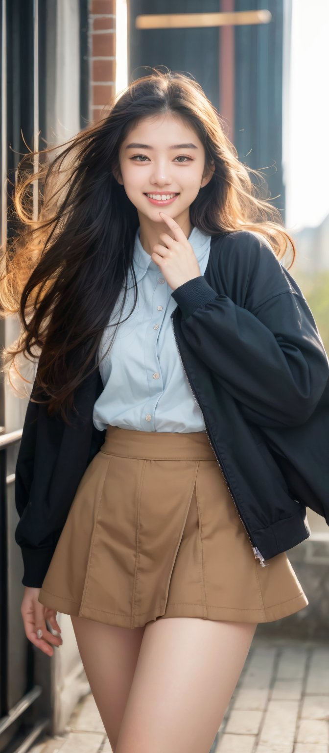 Girl 1, ultra high definition, windblown hair, brown eyes, brown wavy hair, delicate facial features, laughter, {{{masterpiece}}}, {{Highest Quality}}, high resolution, high definition, natural poses in everyday lifeGirl 1 , ultra high definition, hair blowing in the wind, brown eyes, brown hair, delicate features, smile, {{{masterpiece}}}, {{highest quality}}, high definition, high definition, natural pose in everyday life, very realistic, best coordination, Light blue collared blouse, jacket, design, skirt, finger mini heart,