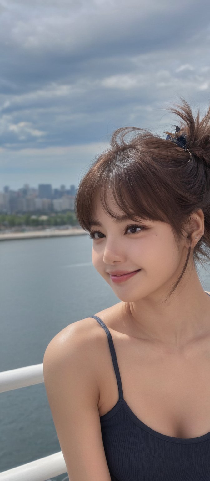 girl 1, ultra high definition, wind blowing hair, brown eyes, brown hair, delicate facial features, eye smile, {{{masterpiece}}}, {{highest quality}}, high resolution, high definition, natural movements of everyday life, dockside, pose, dark blue,Extremely Realistic,lalalalisa_m