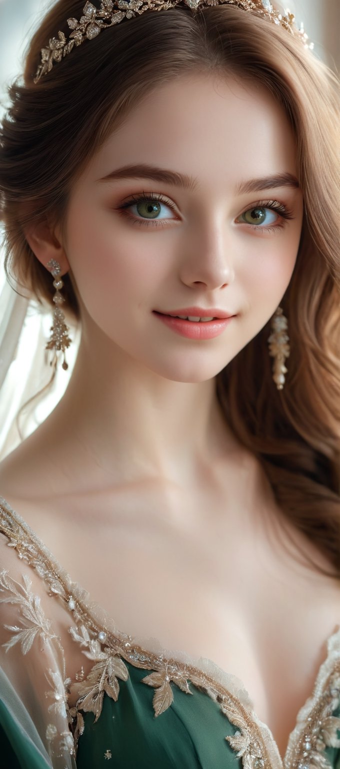 Beautiful soft light, (beautiful and delicate eyes), very detailed, pale skin, (long hair), dreamy, ((frontal shot)), brown eyes, soft expression, bright smile, art photography, fantasy, jewelry, shyness, tenderness Image, masterpiece, ultra-high resolution, colors, highly detailed, soft lighting, details, Ultra HD, 8k, highest quality, (pose), girl, real, a wonder of art and beauty, illustration, green dress,
soft clothes,style