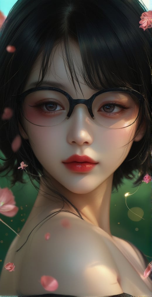 A vivid and lifelike portrait of a woman. She is wearing black sunglasses that cover her eyes, and her lips are sexy with red lipstick. She has black hair, the background is covered with green and blue gradients, and cosmos flowers and petals are floating in the air, and the whole work has a beautiful three-dimensional feeling.