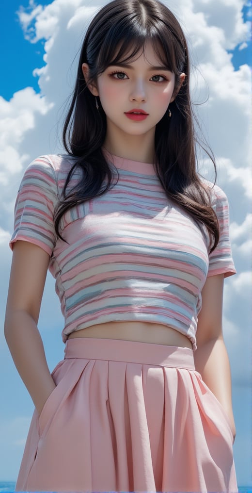 A beautiful and vivid portrait of a woman. She is wearing a striped T-shirt and a short vest on top and a pleated skirt on the bottom. Her lips are sexy with red lipstick. Her hair is black, and the background is the sky with clouds floating in the air. The entire work has a beautiful three-dimensional feeling.