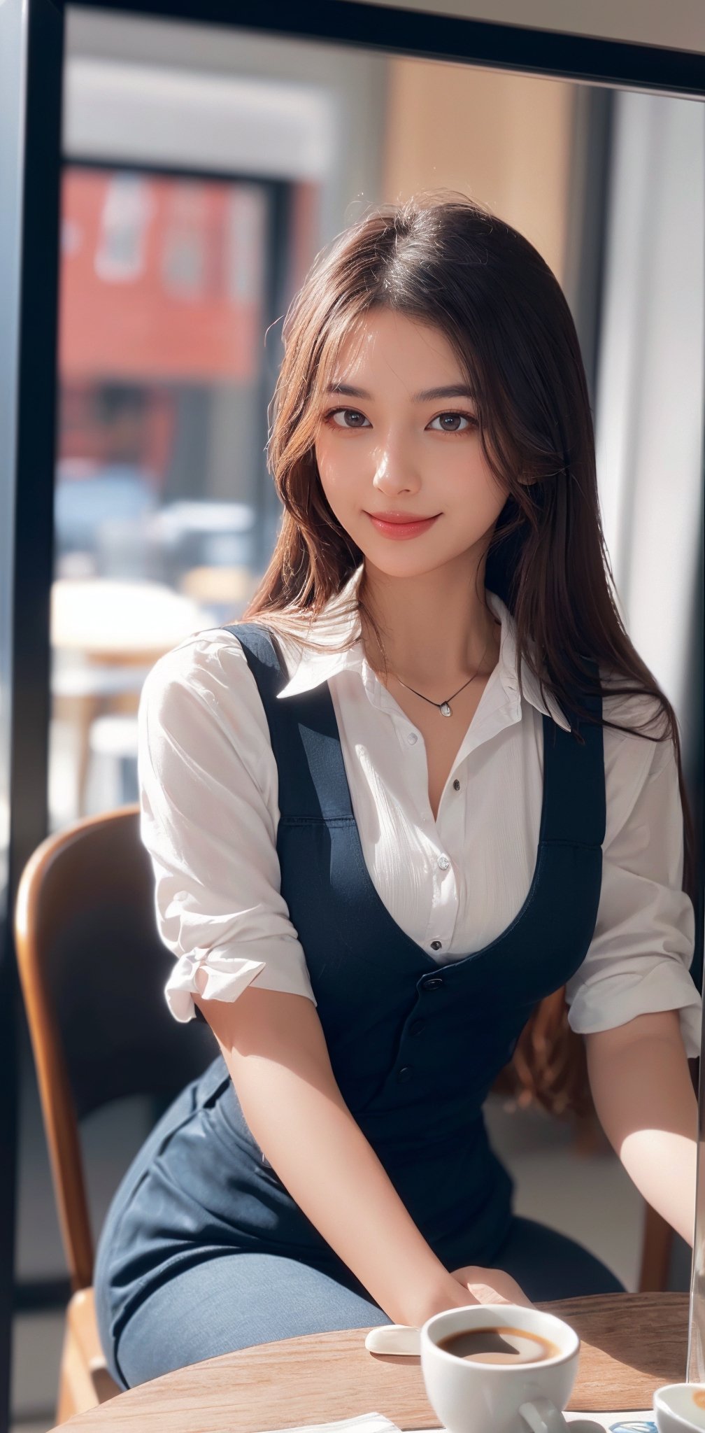 Photography, (Highest Quality, Masterpiece: 1.2), 8K, HDR, Photorealism, (Film Framing: 1.3), (Vivid Colors: 1.2), Fine Detail & Textures, Masterpiece, Highest Quality, Super Detail, Charming Smile, Perfect Hands , medium chest, detailed face, Korean woman, dark hair, front shot, (sitting on a chair), (smelling the scent of coffee), (there is a coffee cup on the table),