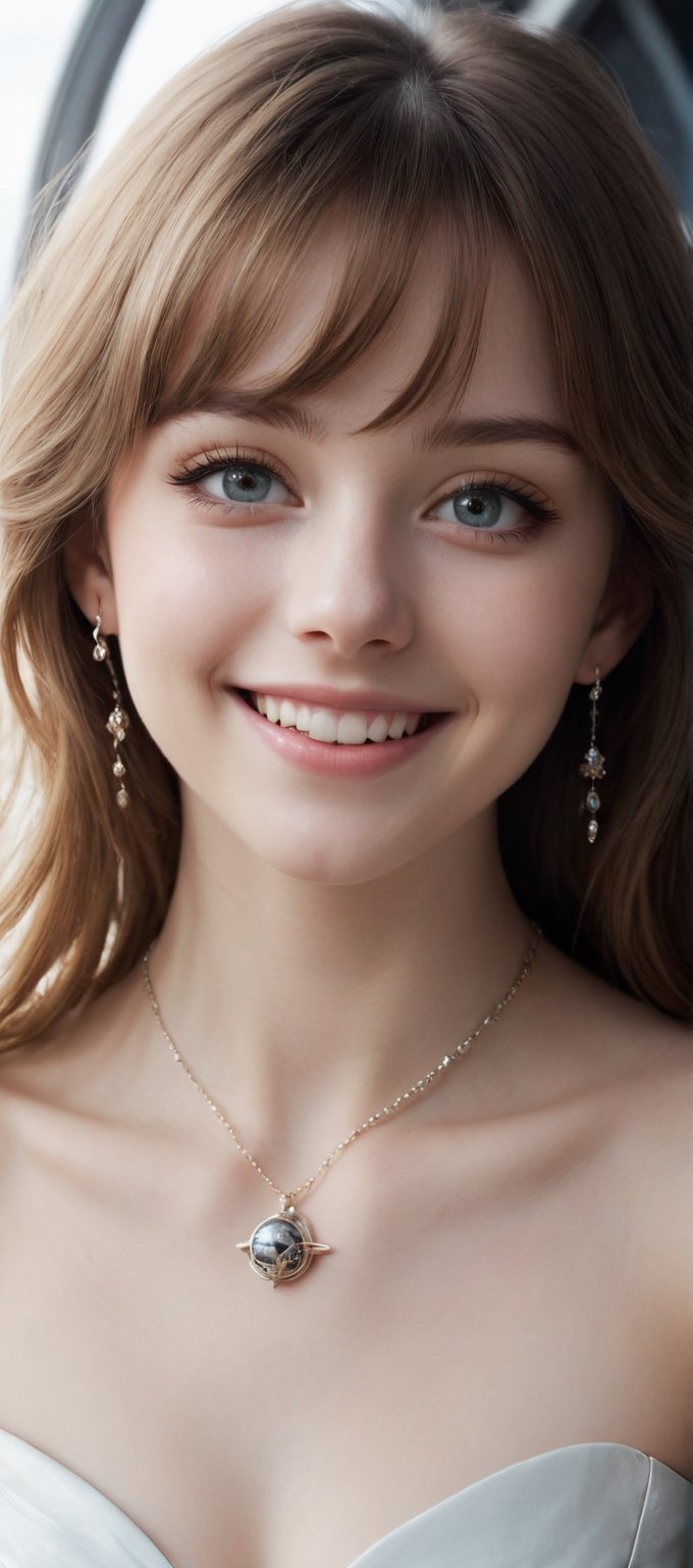 Beautiful and delicate light, (beautiful and delicate eyes), very detailed, pale skin, big smile, (long hair), dreamy, medium chest, female 1, ((front shot)), bangs, soft expression, height 170, elegant, Bright smile, 8k art photo, realistic concept art, realistic, person, small necklace, small earrings, fantasy, jewelry, shyness, dreamy soft image, masterpiece, ultra-high definition, future city, girl in a spacesuit, numerous planets, space dock, spaceship,Movie Still,bl1ndm5k