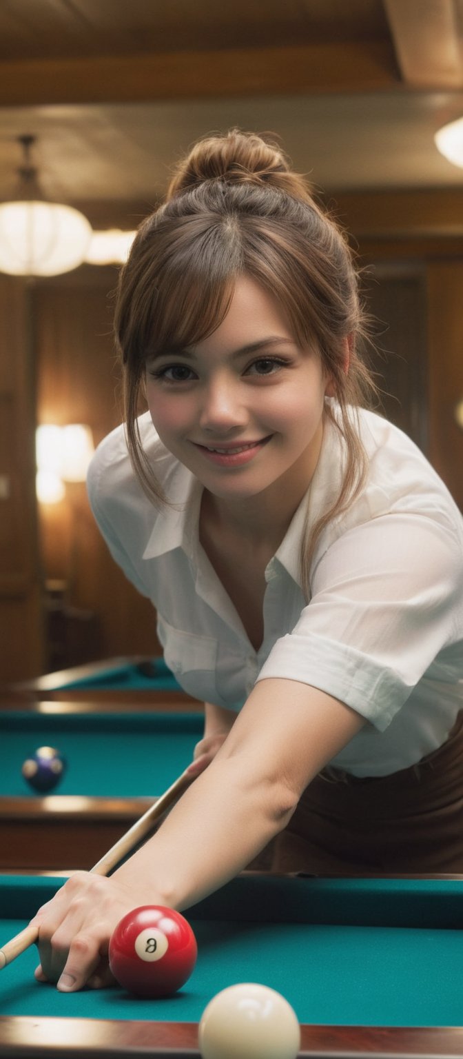 Girl 1, ultra high definition, brown eyes, brown hair, delicate facial features, smile, {{{masterpiece}}}, {{highest quality}}, high definition, high definition, natural movements in everyday life, playing billiards while holding a cue girl, billiard room, professional player,