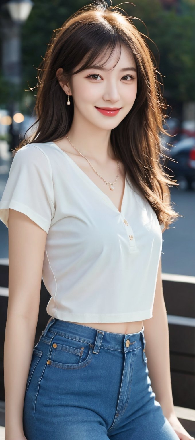 Beautiful, soft light, (beautiful and delicate eyes), very detailed, pale skin, big smile, (long hair), dreamy, medium chest, female 1, ((front shot)), bangs, soft expression, height 170, elegant , Bright smile, 8k art photo, photorealistic concept art, realistic, person, small necklace, small earrings, fantasy, jewelry, shyness, dreamy soft image, masterpiece, ultra high resolution, jeans, ,daily cropped shirt,1 girl ,Ava