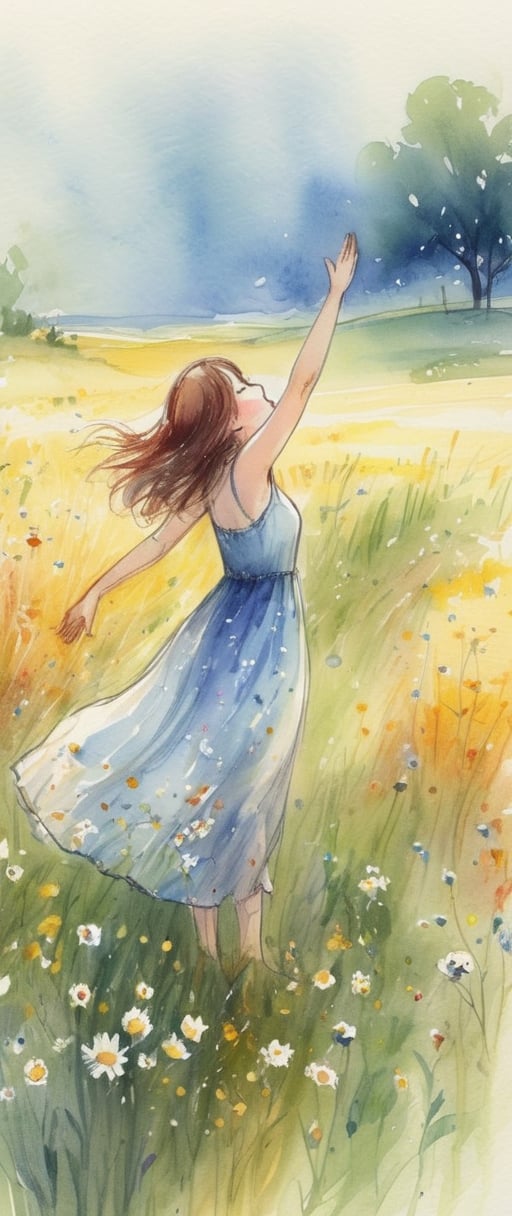 A girl in a one-piece dress, with her arms outstretched and her head raised, breathing deeply, in a field covered with small wild flowers, watercolor painting.