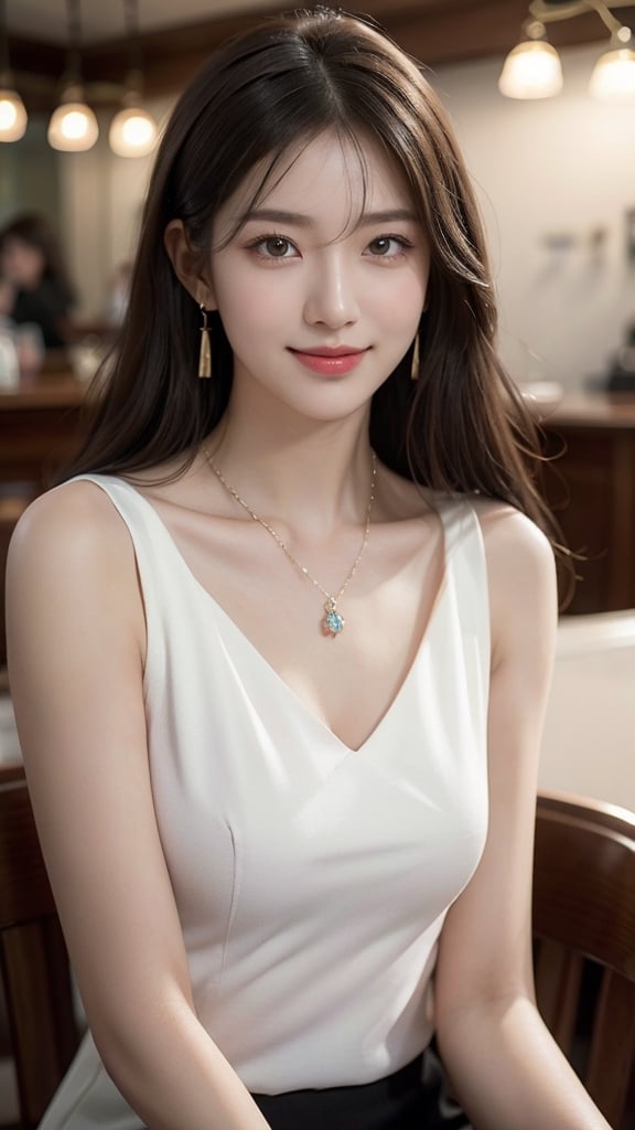 Beautiful and delicate light, (beautiful and delicate eyes), pale skin, big smile, (brown eyes), (black long hair), dreamy, medium chest, woman 1, (front shot), Korean girl, bangs, soft expression, height 170, elegance, bright smile, 8k art photo, realistic concept art, realistic, portrait, necklace, small earrings, handbag, fantasy, jewelry, shyness,REALISTIC,masterpiece,1 girl 