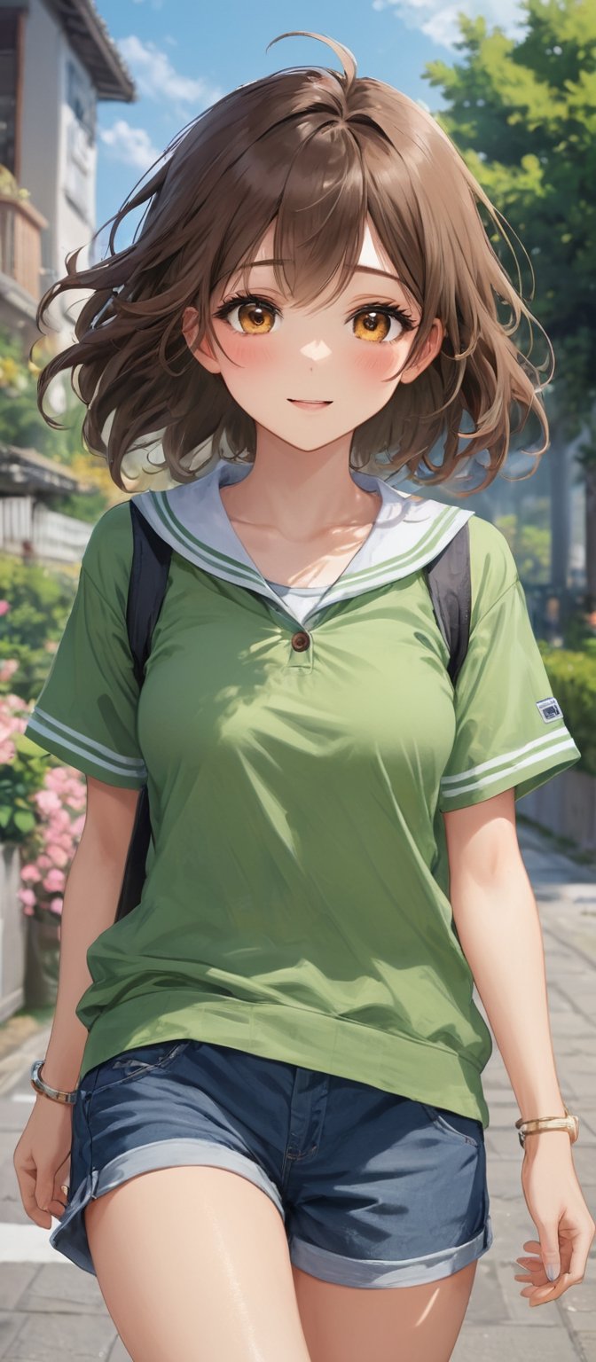 Girl 1, ultra high definition, wind blowing hair, brown eyes, brown hair, delicate facial features, eye smile, {{{masterpiece}}}, {{highest quality}}, high resolution, high detail, natural movements everyday life, idol style Outfit, light green horizontal striped collar T-shirt, shoes, shorts, summer cardigan,