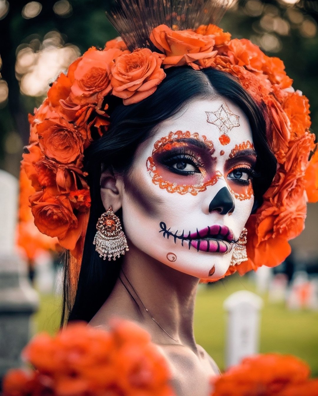 (Best quality, 8k, 32k, Masterpiece, UHD:1.2),  full body potrait of a woman with Catrina makeup, dia de los muertos, white make up, orange, black makeup, emulating a skull with the make up, orange flowers as ornament in hair, many orange flowers, wearing a gown, gloves  and attractive features, eyes, eyelid,  focus, depth of field, film grain,, ray tracing, ((contrast lipstick)), slim model, detailed natural real skin texture, visible skin pores, anatomically correct, night, cemetary background,  Catrina,(PnMakeEnh)