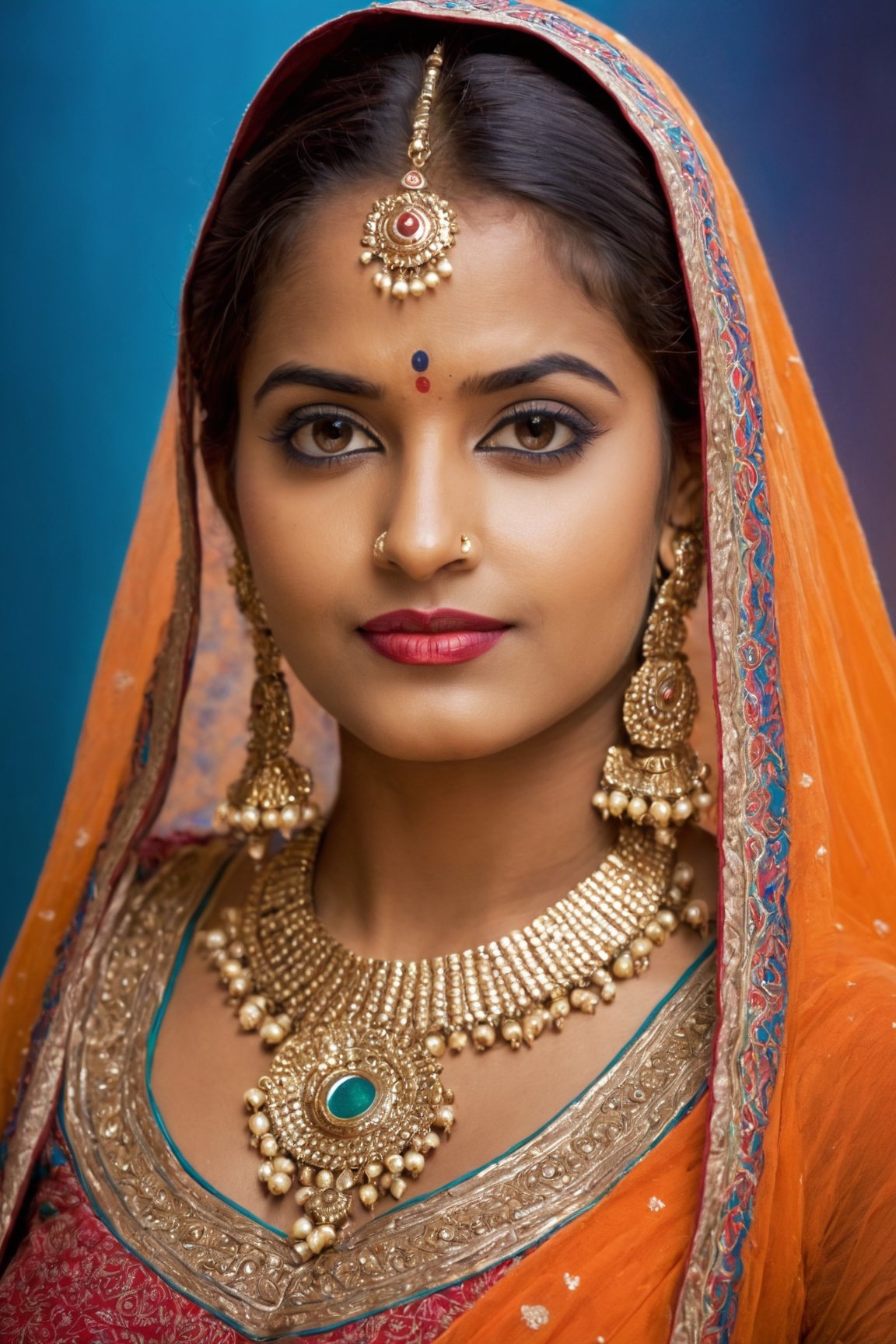 Detailed portrait of Beautiful india girl on traditional outfit shot, on Hasselblad 501c three point lighting Sci-Fi atmosphere,Indian, ,perfect boobs, gorgeous ,onoff