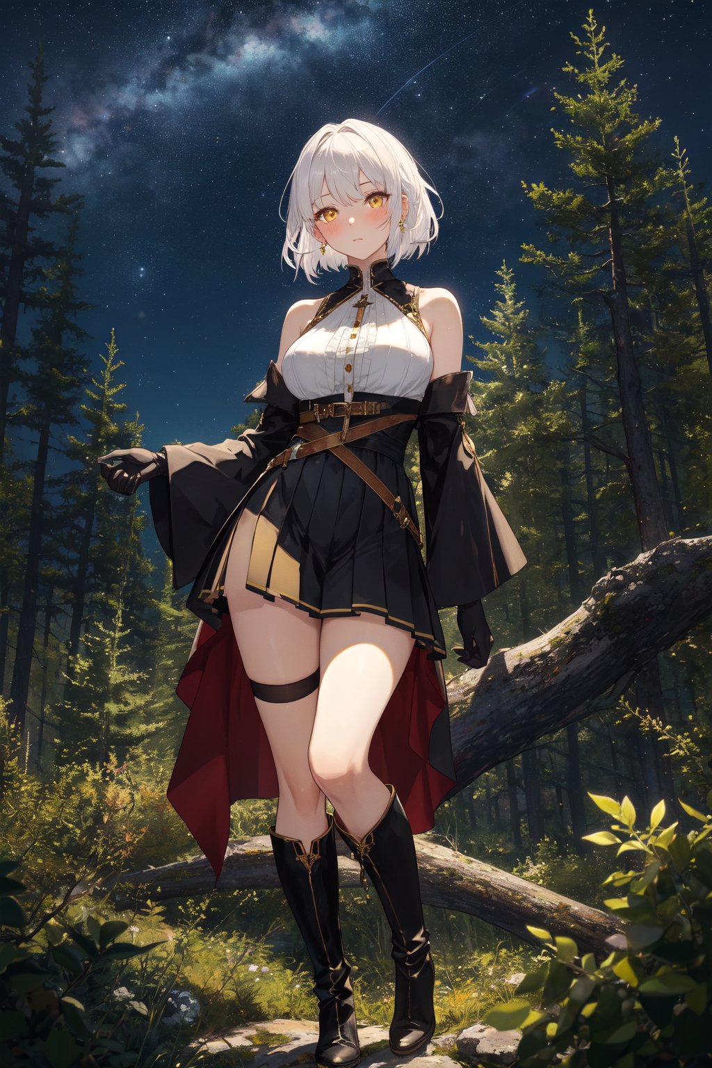 A mesmerizing scene unfolds: Lora, donning short white hair and yellow eyes, stands solo, her gaze piercing the viewer. She wears a black jacket with detached sleeves, long gloves, and thigh-high boots, her skirt pleated and falling just above her knees. A blushing flush enhances her bust. Against this stunning backdrop of towering pines, she poses in contrapposto, surrounded by a beautiful, detailed sky with a soft glow. The atmosphere is alive with the scent of pine resin, as if the very essence of nature has been distilled into this masterpiece.