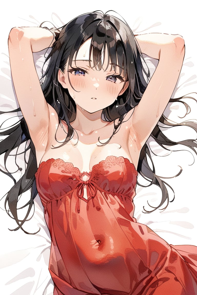 masterpiece, best quality, aesthetic,a mature woman,black-haired beauty,smooth straight hair, red dress, facing viewer, armpits, lie down,  slightly sweaty and a bit flushed" or "The girl had a light sweat and a slight blush on her face, Belly Button