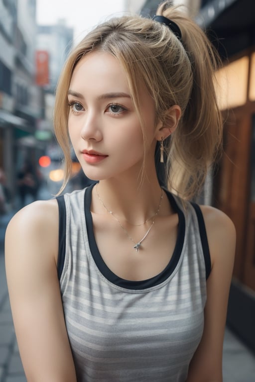 25-year-old tough woman living in Seoul,
Ponytail with blonde hair, Striped sleeveless shirt,
well-lost body with moderate muscle development,
natural lighting,
Chain necklace and earrings, Old urban background,
Upper body shot, Little forearm tattoo,
hf_Alexandra_Nagy-20,j3s1,Detailedface