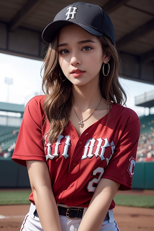 25 years old koren woman,
necklaces and earrings,
baseball cap,
glossy brown short hair,
a tight baseball uniform
a half-body shot,
Baseball stadium background,
natural lighting on one's face, 
tamannah bhatia,hf_Alexandra_Nagy-20,Detailedface,Detailedeyes