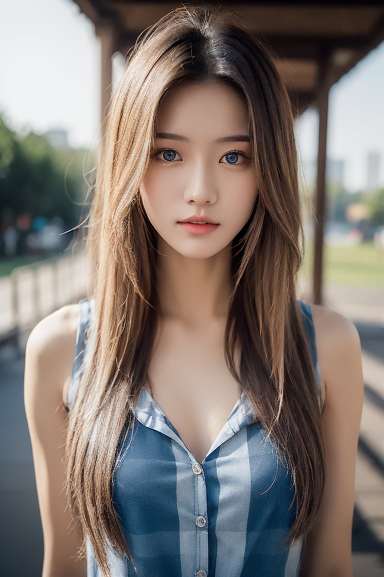 20-Year-Old Korean Female, 
an athletic figure, 
Half Body Shot, blue eyes, 
a checkered shirt, 
moderate chest size, 
with long blond hair, 
Realistic Photos, 
Lighting Effects on Face, 
park Background, arshadArt,hf_Alexandra_Nagy-20