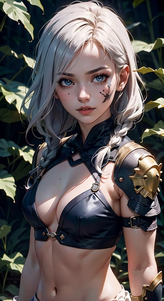 28 year old slightly muscular Amazon female warrior, chest shield, wrist shield, shin shield, Adding Weapons, Jungle, Light on your face, background, ,WonderWaifu,YakuzaTattoo,drow,Hajime_Saitou