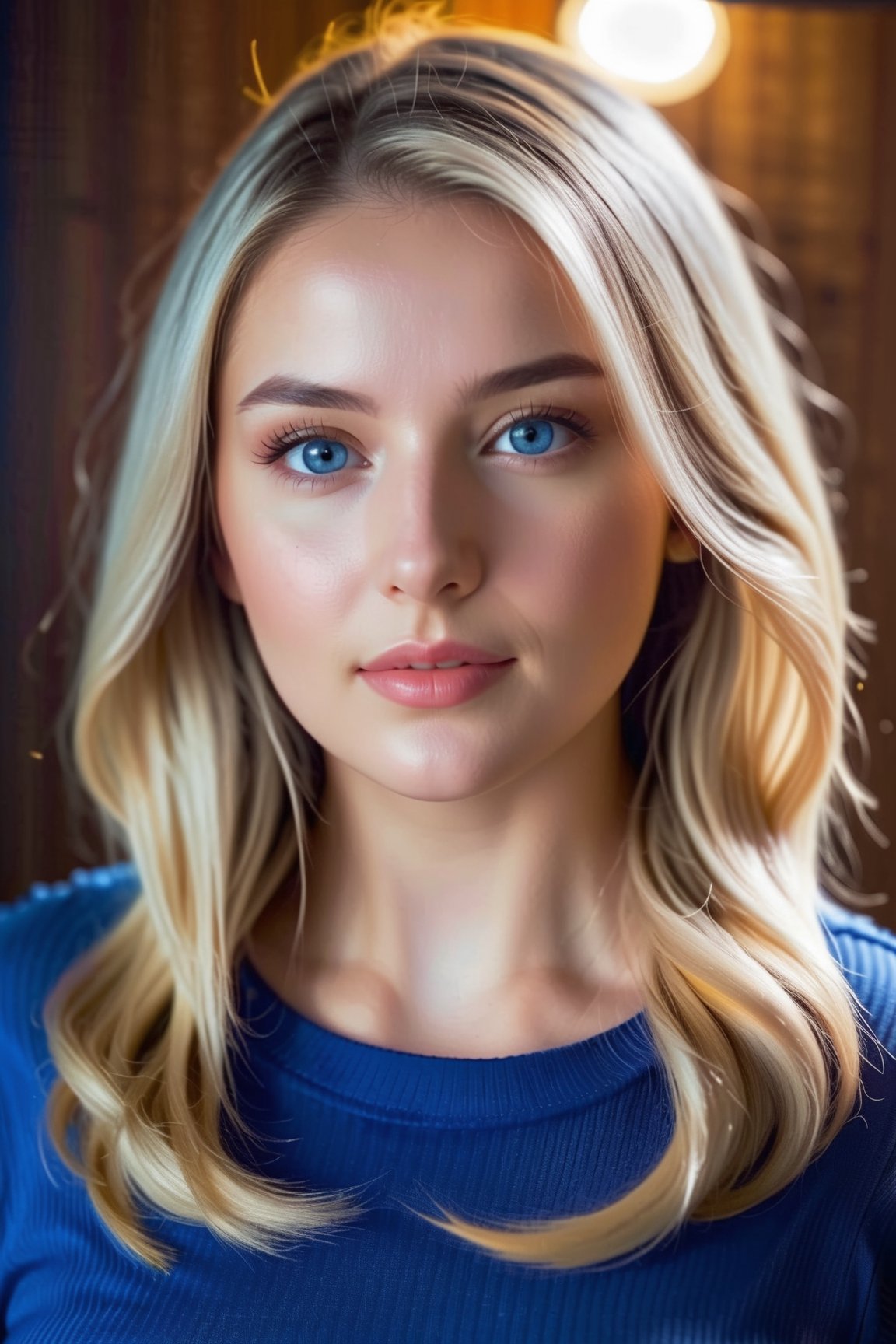 27-year-old Nordic blonde with blue eyes, dark interior background, bright light on female face, It's a real photo effect,ch3ls3a,h4n3n