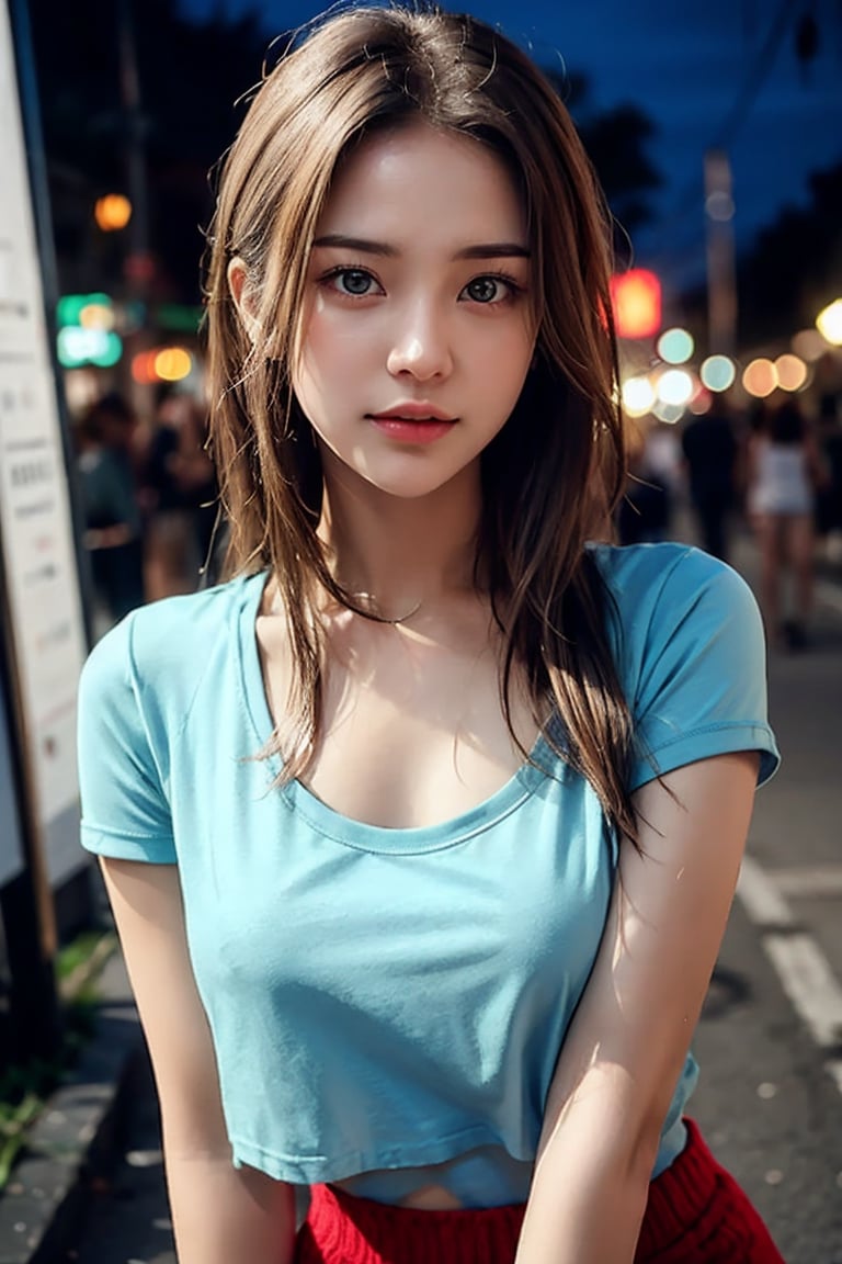 25-Year-Old Korean Female, 
an athletic figure, 
Half Body Shot, Green eyes, 
a knit cropped t-shirt
moderate chest size, 
brown long hair,
Realistic Photos, 
Lighting on Face,
a little angry,
a dark night street background,
,hf_Alexandra_Nagy-20,4nya