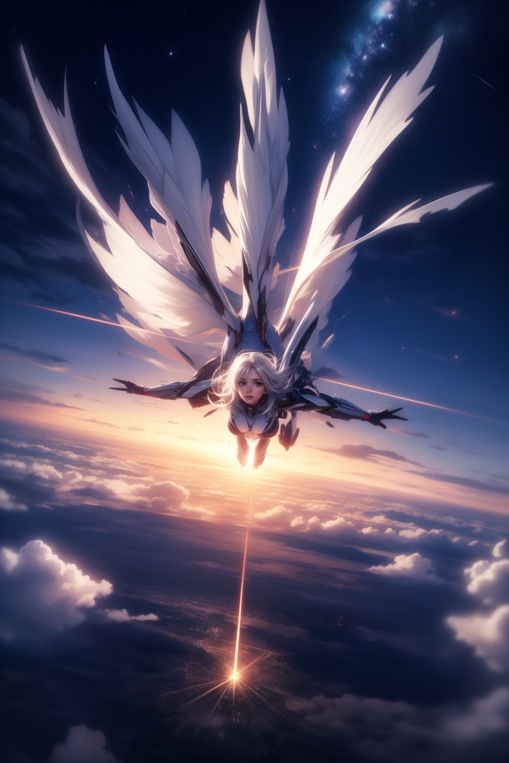 A beautiful girl, brown eyes, white hair, wearing flying suit, flying in the sky, stars, windy, full body, epi sky background, cinematic, masterpiece, best quality, high resolution,EpicSky,cloud,sky,starry