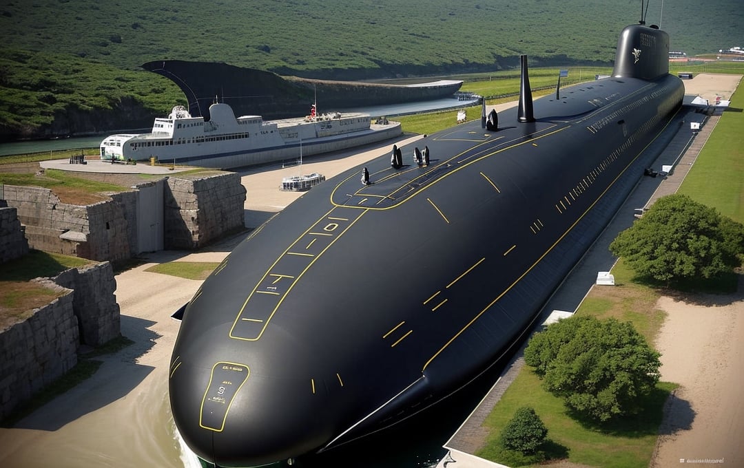 A submarine with an elongated teardrop shape, streamlined hull, and a raised conning tower at the back. Its exterior resembles that of a "Typhoon-class nuclear submarine," featuring a deep black, smooth shell. It glides quietly beneath the water's surface, with fish swimming nearby.,danshitoire,Landskaper,An experienced photographer is capturing images underwater, shooting from the right front. They use an underwater camera, ensuring appropriate exposure, vibrant colors, clear contrast, absolute realism, and a true-to-life representation.