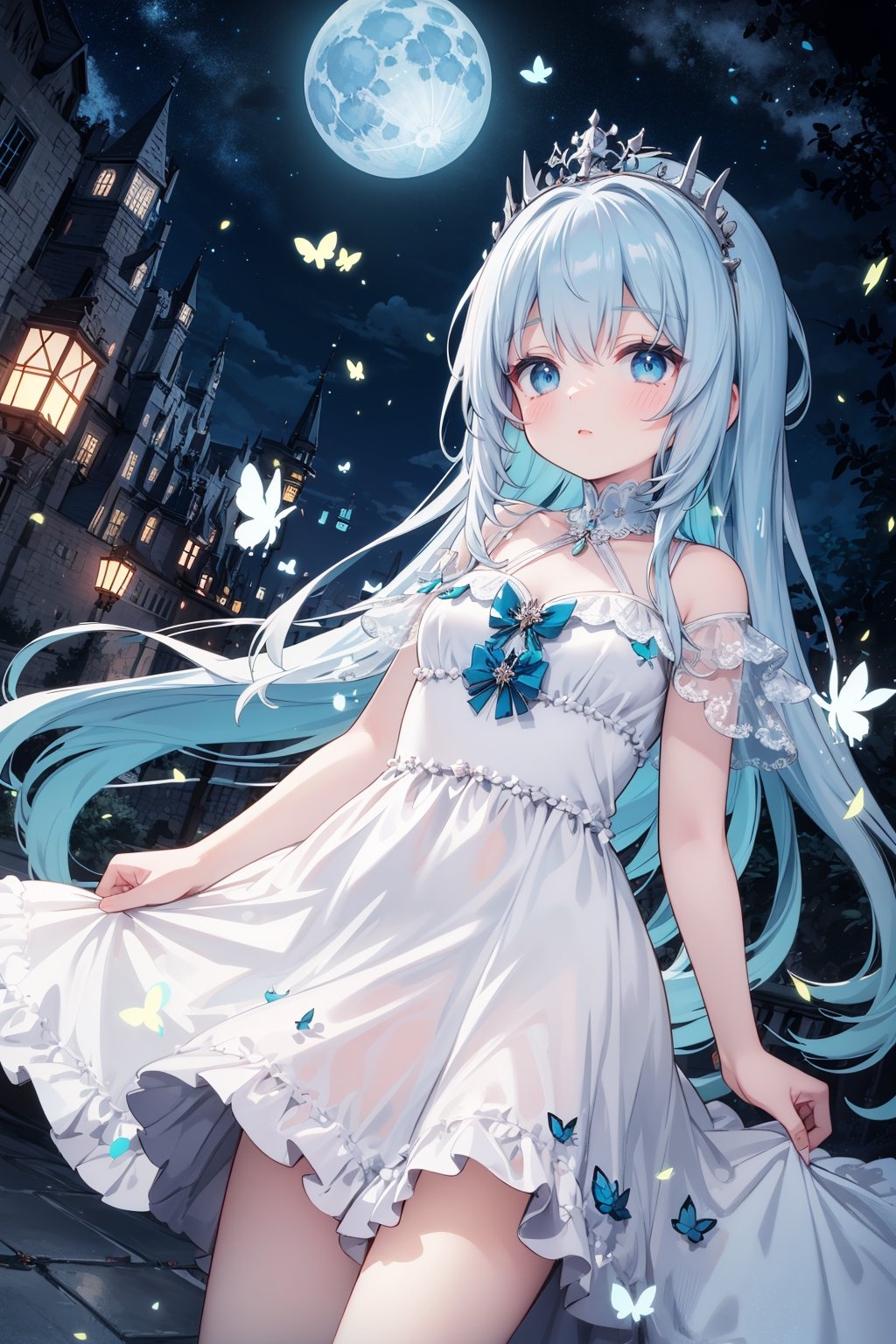 1girl, solo, masterpiece, incredibly absurdres, long hair, elegant white dress,  best quality, glowing blue transparent butterfly, black gradient blue hair, aqua eyes, looking at viewer,  center,  standing,  night sky, close view,  castle hall,  outdoors,  blue moon,  glowing effect,  diadem,  castle,  nighttime,  night sky, close view
,firefliesfireflies