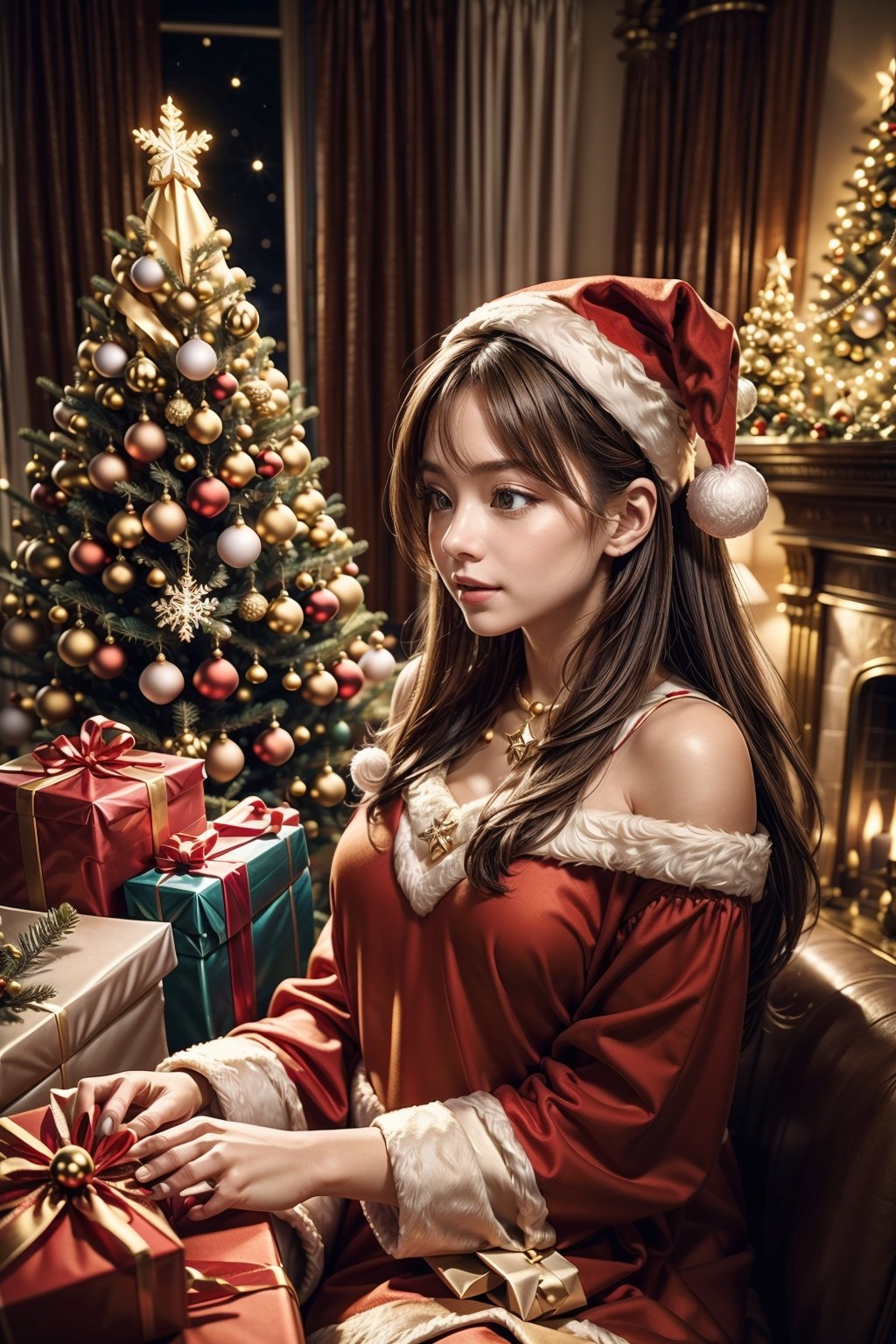 vibrant colors,  female,  masterpiece,  sharp focus,  best quality,  depth of field,  cinematic lighting,  ((solo,  adult woman)),  (illustration,  8k CG,  extremely detailed),  masterpiece,  ultra-detailed,  1 girl,  long hair,  mixed hair,  blond hair,  within the cozy embrace of home,  a girl dons a festive ensemble mirroring Santa's iconic red and white attire,  standing beneath the twinkling lights of the Christmas tree. The detailed illustration captures the enchanting scene as she becomes a living embodiment of holiday cheer,  adorned in the vibrant colors of Santa Claus,  the room is aglow with the warmth of festive decorations. The Christmas tree,  adorned with ornaments and baubles,  serves as a backdrop to the girl's joyful presence,  creating a harmonious festive atmosphere. the illustration paints a heartwarming portrait of a girl immersed in the magic of the season,  where her attire echoes the spirit of Santa Claus,  and the Christmas tree becomes a symbol of shared joy and holiday celebration,,,Christmas