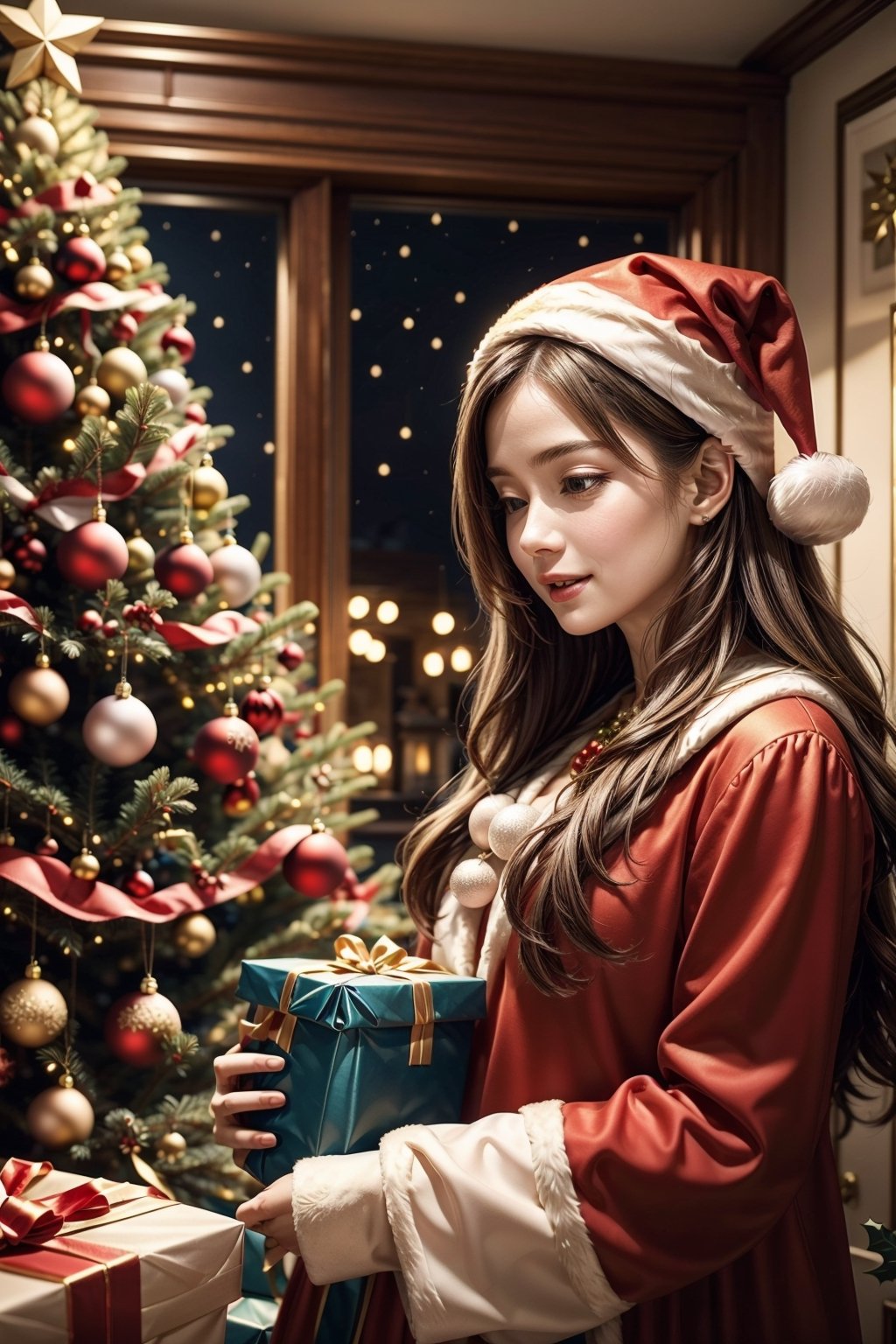 vibrant colors,  female,  masterpiece,  sharp focus,  best quality,  depth of field,  cinematic lighting,  ((solo,  adult woman)),  (illustration,  8k CG,  extremely detailed),  masterpiece,  ultra-detailed,  1 girl,  long hair,  mixed hair,  blond hair,  within the cozy embrace of home,  a girl dons a festive ensemble mirroring Santa's iconic red and white attire,  standing beneath the twinkling lights of the Christmas tree. The detailed illustration captures the enchanting scene as she becomes a living embodiment of holiday cheer,  adorned in the vibrant colors of Santa Claus,  the room is aglow with the warmth of festive decorations. The Christmas tree,  adorned with ornaments and baubles,  serves as a backdrop to the girl's joyful presence,  creating a harmonious festive atmosphere. the illustration paints a heartwarming portrait of a girl immersed in the magic of the season,  where her attire echoes the spirit of Santa Claus,  and the Christmas tree becomes a symbol of shared joy and holiday celebration,,,Christmas