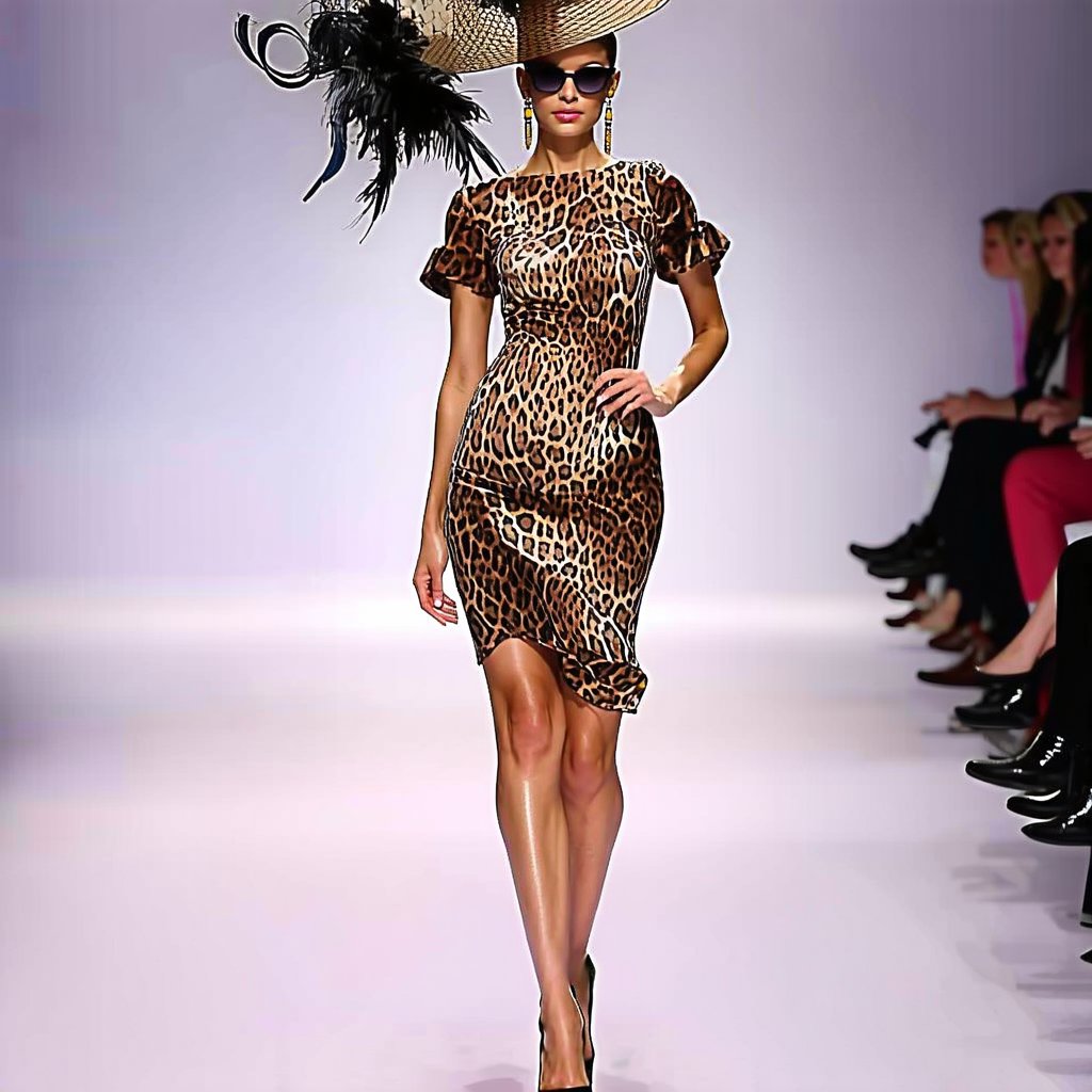 fashion runway, Close up, Tall elite supermodel woman, high fashion dress, ruffles, animal-print, feathers, high heels, exquisite jewelry, fascinator hat, sunglasses, fashion show