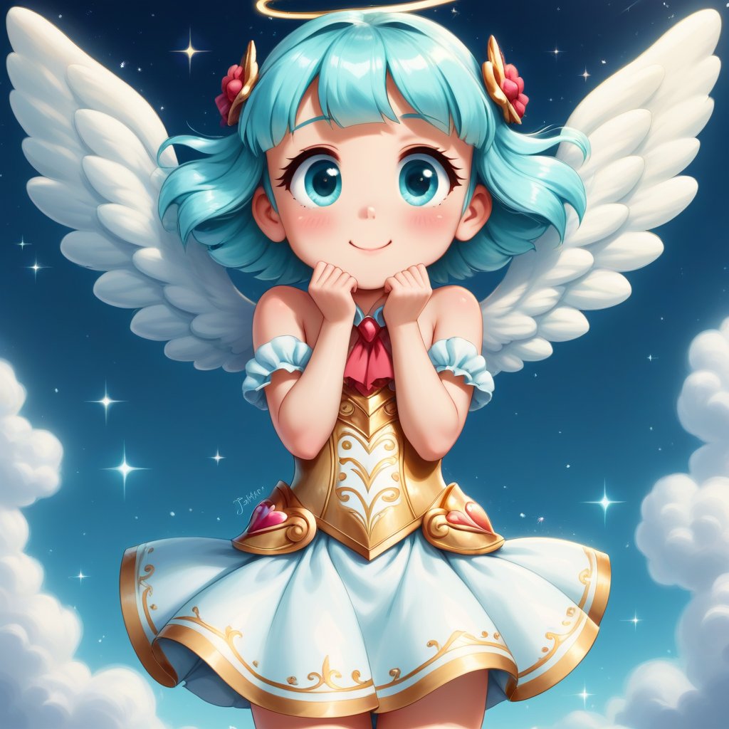 Cute little angel girl, petite, golden armor with lacy frills and ruffles, heart designs, a tiny sword with a heart shaped pommel, tiny angel wings, sparkles floating around her, white puffy clouds