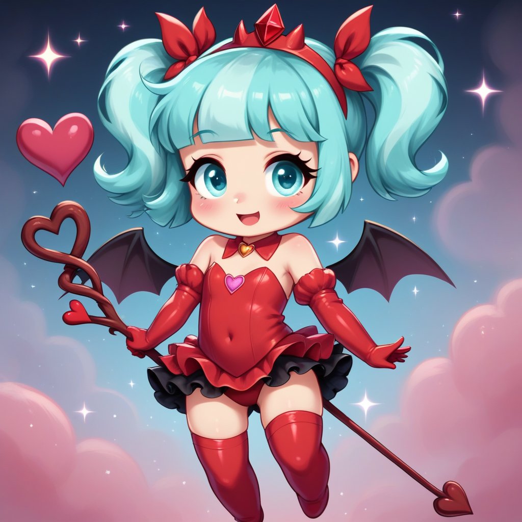 Cute little devil girl, petite, red armor with lacy frills and ruffles, heart designs, a tiny trident with a heart shaped pommel, tiny devil wings, sparkles floating around her, black puffy smoke