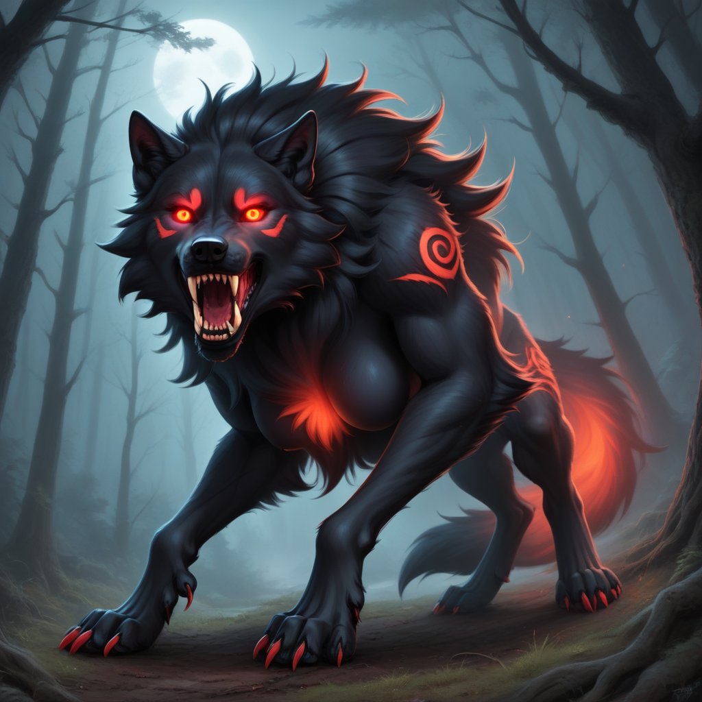 Werewolf, hybrid wolf-girl, black fur, red glowing eyes, Wolf teeth, salivating, claws, dark forest, thick woods