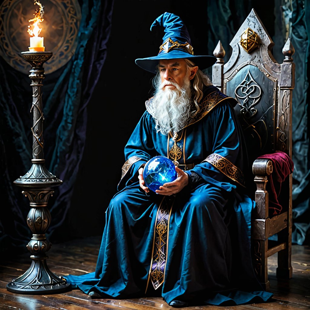 Dark wizard, wizard robes, wizard hat, sitting on a throne, magical orb in his lap, pondering his orb