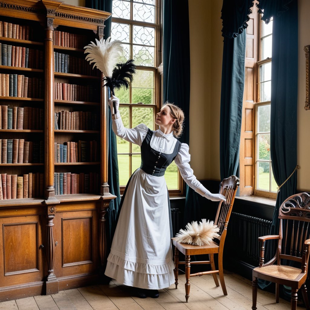 Victorian maid in a maid's uniform, feather duster, dusting a Victorian bookcase, near a high backed Victorian chair, in a high ceilinged Victorian house