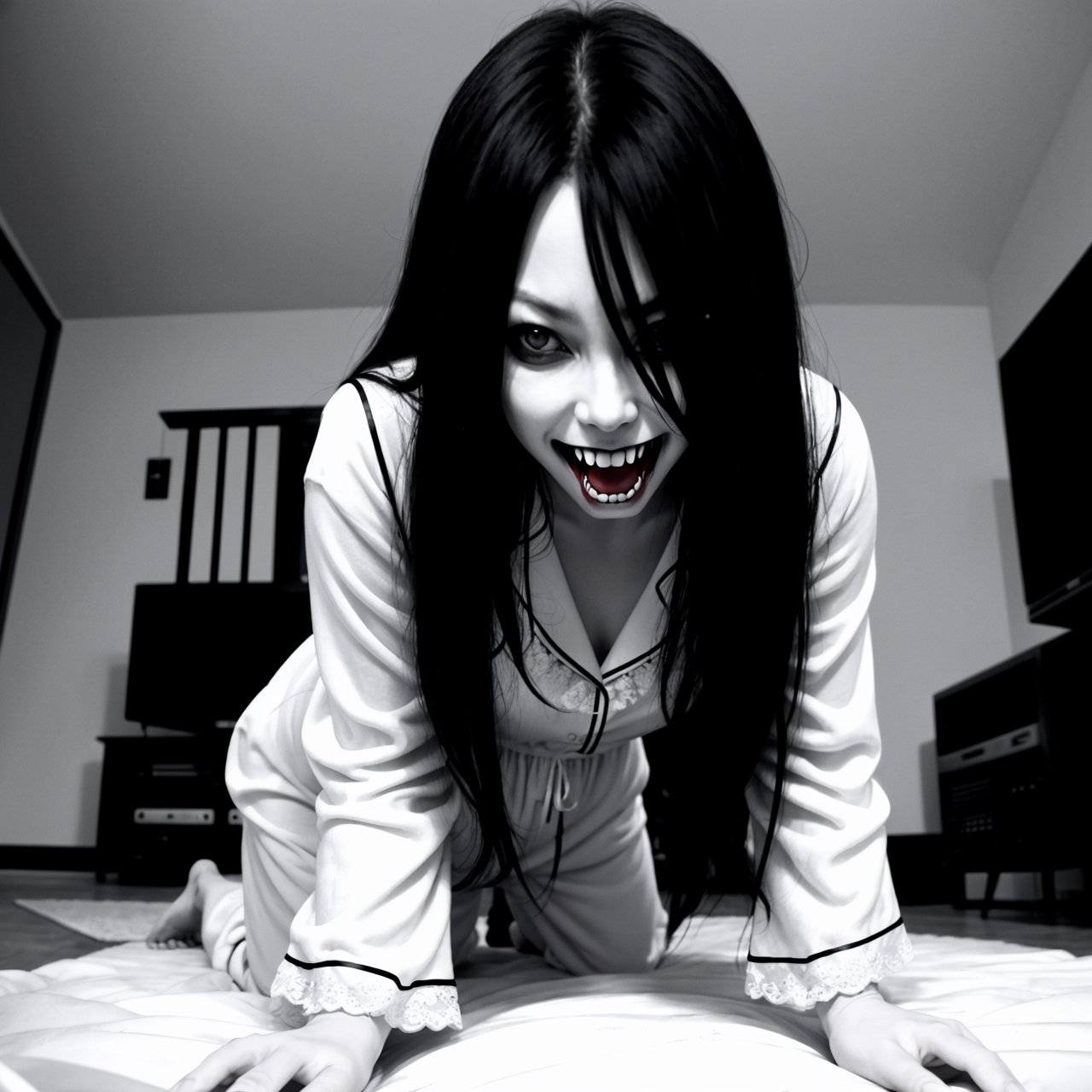 ((Evil "Onryō" girl, fangs, ((black hair over eyes)), pale white skin, white pajama dress)), crawling through a television, wide angle view of the living room, black and white image, monochrome 