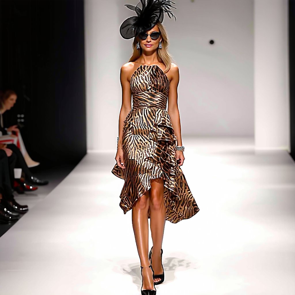 fashion runway, Close up, Tall elite supermodel woman, high fashion dress, ruffles, animal-print, feathers, high heels, exquisite jewelry, fascinator hat, sunglasses, fashion show