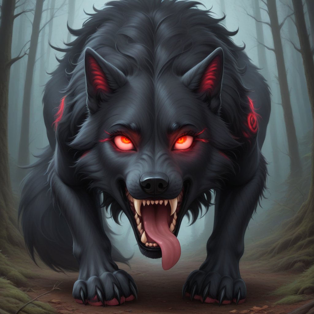 Werewolf, hybrid wolf-girl, black fur, red glowing eyes, Wolf teeth, claws, ((rolling on the ground)), tongue lolling, dark forest, thick woods