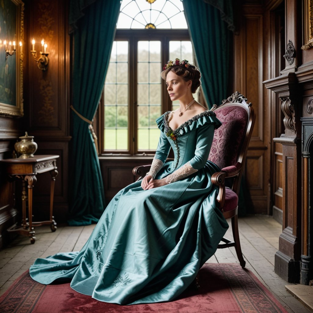 Victorian woman in a gown, sitting on a high backed Victorian chair, in a high ceilinged Victorian house