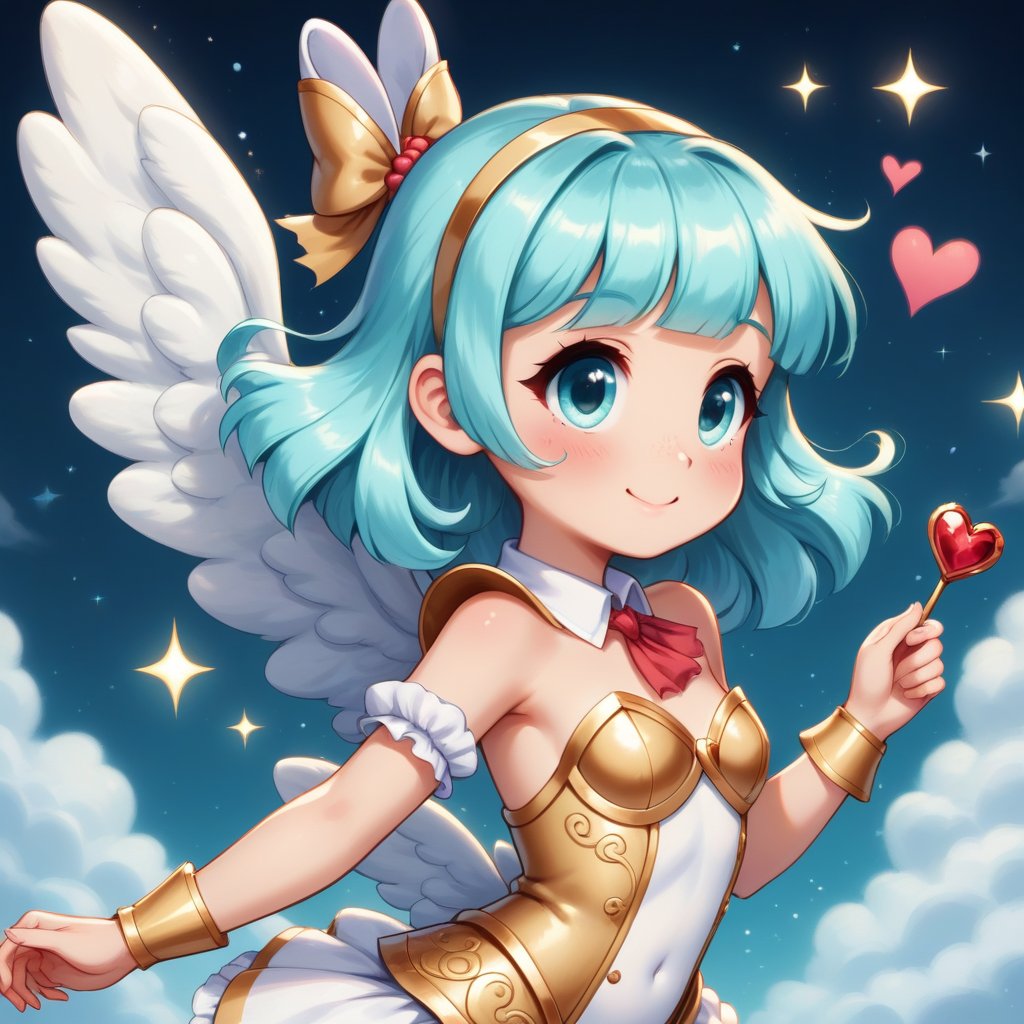 Cute little angel girl, petite, golden armor with lacy frills and ruffles, heart designs, a tiny sword with a heart shaped pommel, tiny angel wings, sparkles floating around her, white puffy clouds