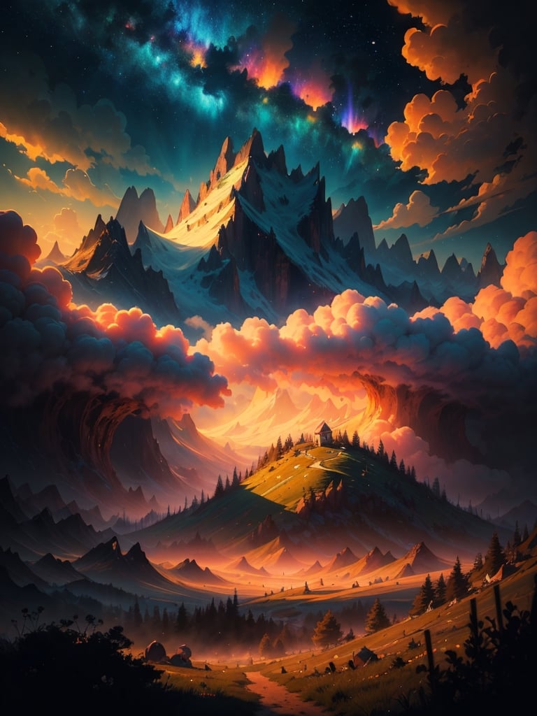 A wide landscape like the Lord of the Ring, (viewed from below, the sky is above, and the open field is below), distant mountains, (Warm Light: 1.2), (Firefly: 1.2), Lights, Intricate Details, Volumetric Lighting BREAK (Masterpiece: 1.2), (Best Quality), 8k, Ultra Detailed, (Dynamic Composition: 1.4), Rich in Detail and Color, (Glow, Atmospheric Lighting), Dreamy, Magical, (Solo: 1.2), anime drawing by Makoto Shinkai, trending on pixiv, magic realism, beautiful anime scene, cosmic sky, enhanced details, neo light,candyland,SAM YANG